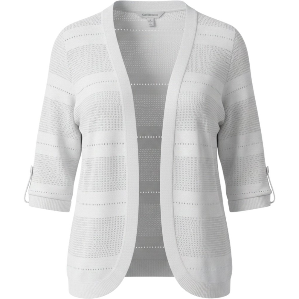 Womens White Open Front Pointelle Knit‎ Cardigan Sweater 3/4 Sleeve Small NEW